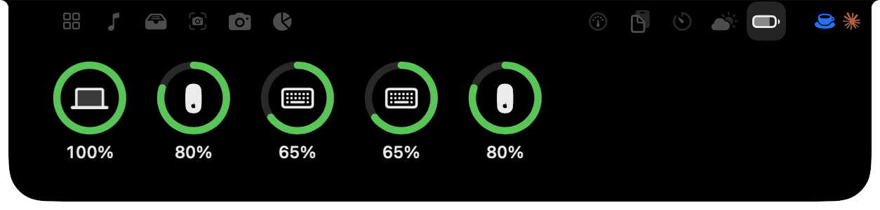 A real screenshot of Isle’s Devices panel with battery rings for a Mac, a mouse, keyboards and AirPods.