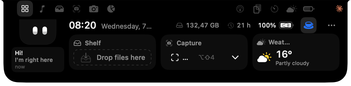 A real screenshot of Isle’s hub open from the notch: Islet, the clock, the Shelf, Capture and the weather.